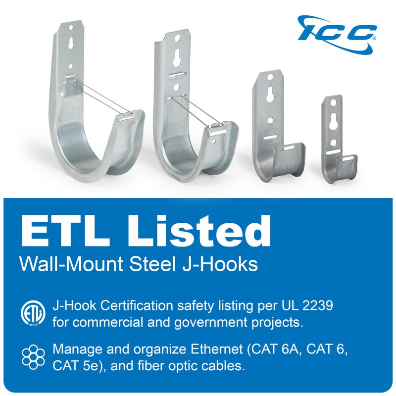 ICC 2-Inch Wall Mount J-Hook â€“ 25-Pack, Cable Support Hooks with Retainer Clips, Galvanized Steel with Zinc Finish â€“ for Structured Cabling and Cable Management - Image 2